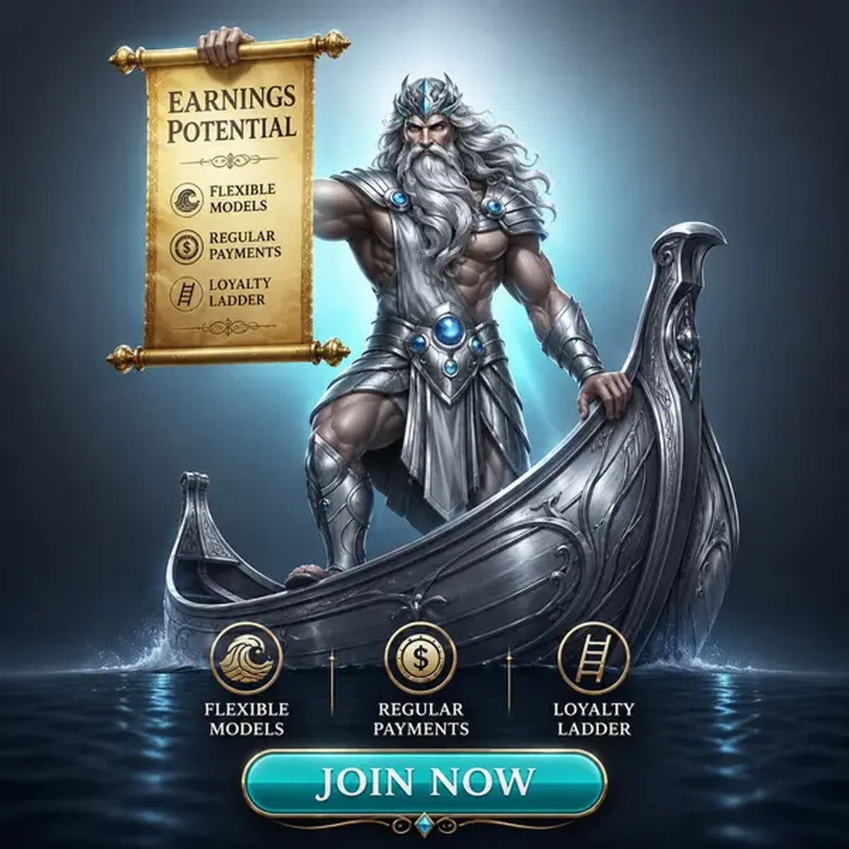 Le Tidekeeper présentant un contrat d'affiliation doré sur une barque argentée sous le clair de lune