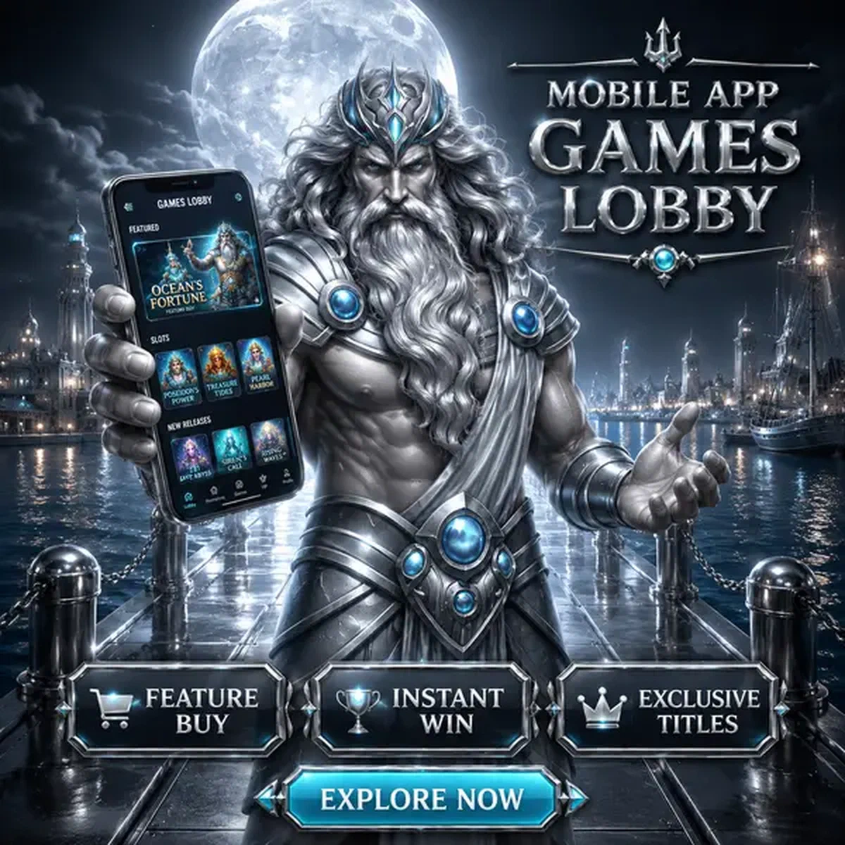 Le Gardien des Marées présente l'interface de l'application mobile Winaura Casino sur un smartphone lumineux sur une jetée au clair de lune