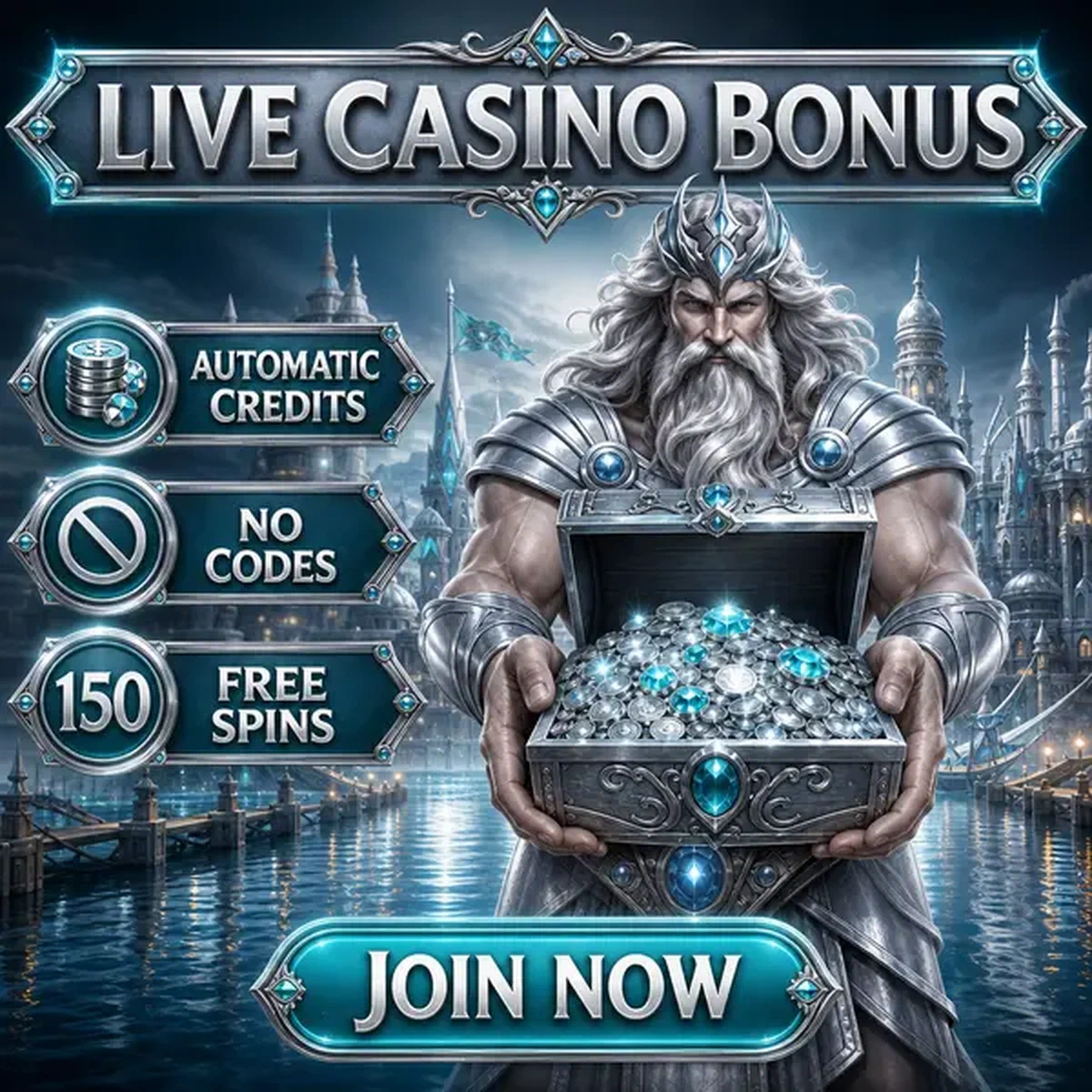 Noble Tidekeeper présentant un coffre au trésor de bonus live casino au sanctuaire Winaura