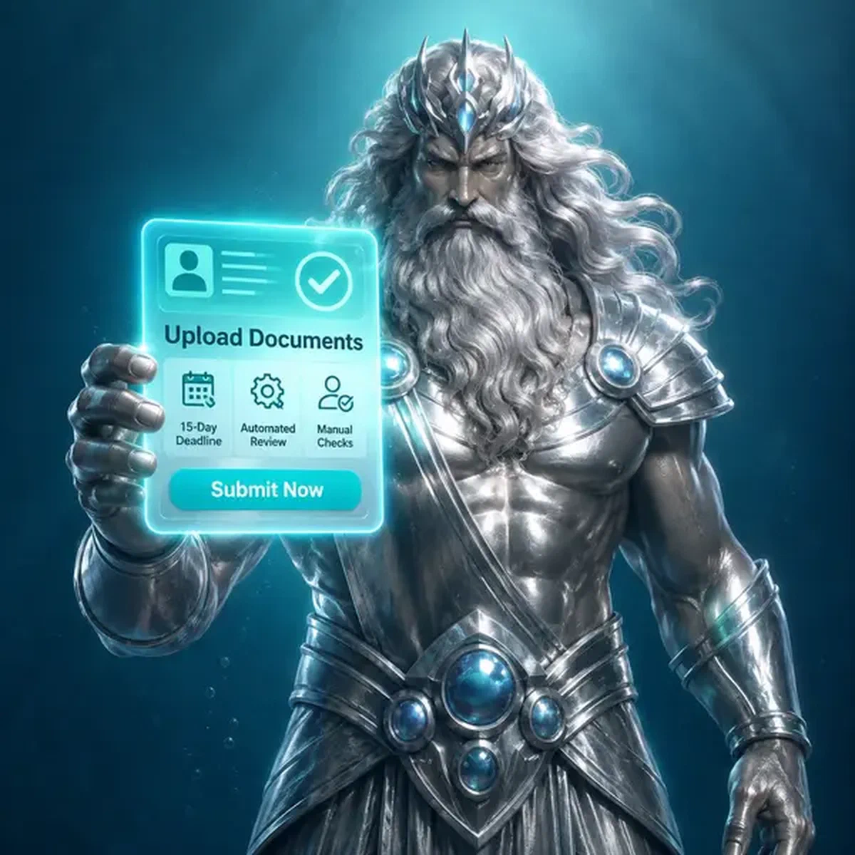 Dieu de la mer argenté vérifiant des documents au portail d'identité Documents à télécharger maintenant