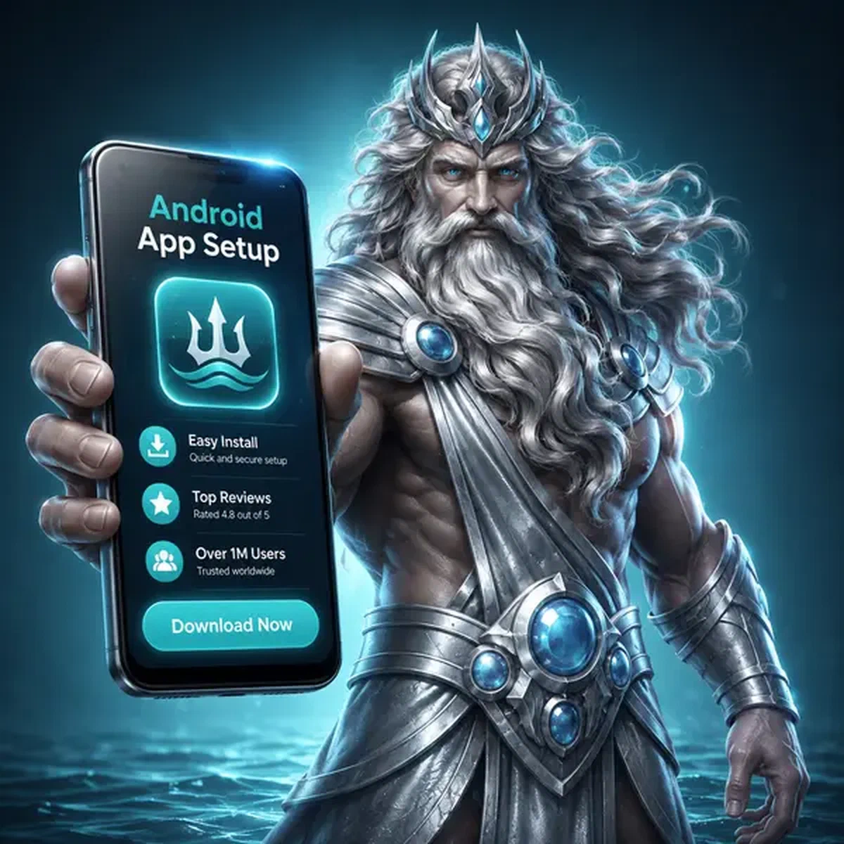 Le Gardien des Marées présentant le téléchargement de l'application Winaura Casino sur un smartphone lumineux dans un port au clair de lune