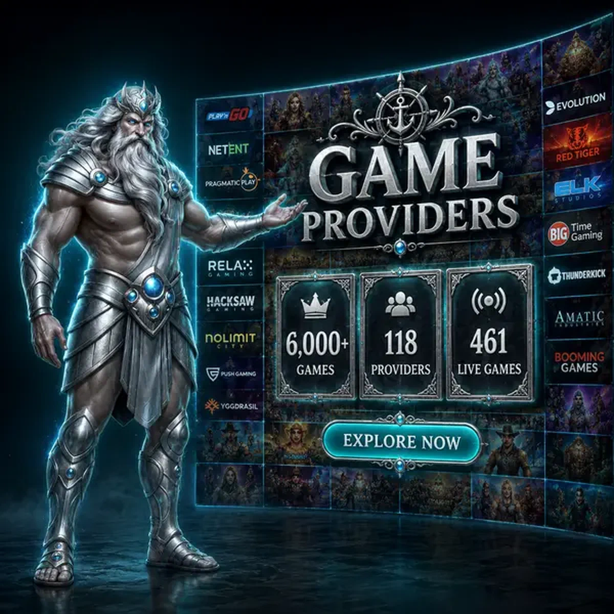 Le Tidekeeper présentant divers fournisseurs de jeux sur le mur de mosaïque lumineux du casino Winaura
