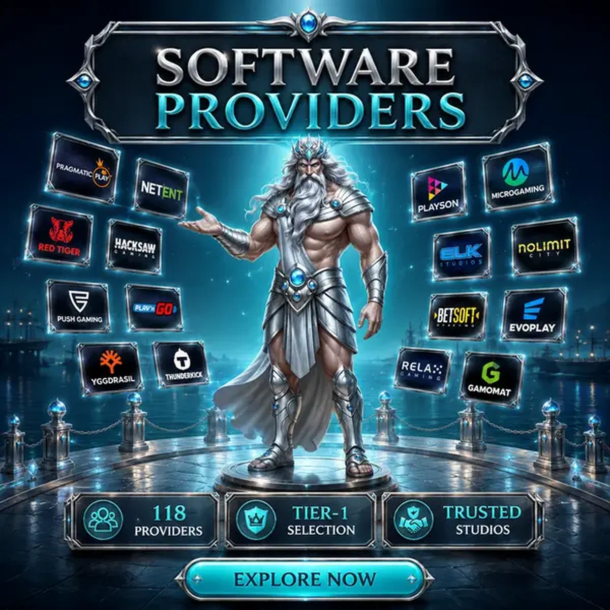 The Tidekeeper presenta los proveedores de software de confianza de Winaura en muelle plateado brillante